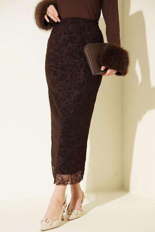 Gonna a matita in tulle con pizzo floreale marrone