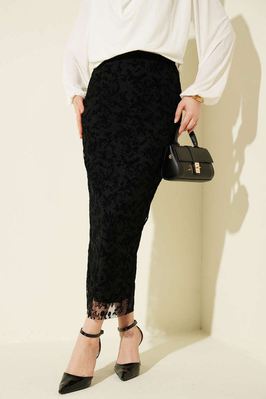 Gonna a matita in tulle con pizzo floreale nera
