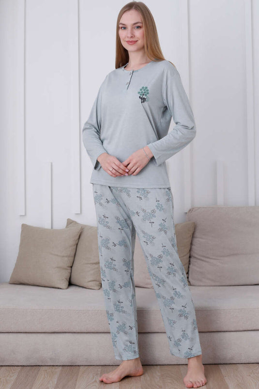 Flower-Bundled Buttoned Long Sleeve Pajama Set, Almond Green