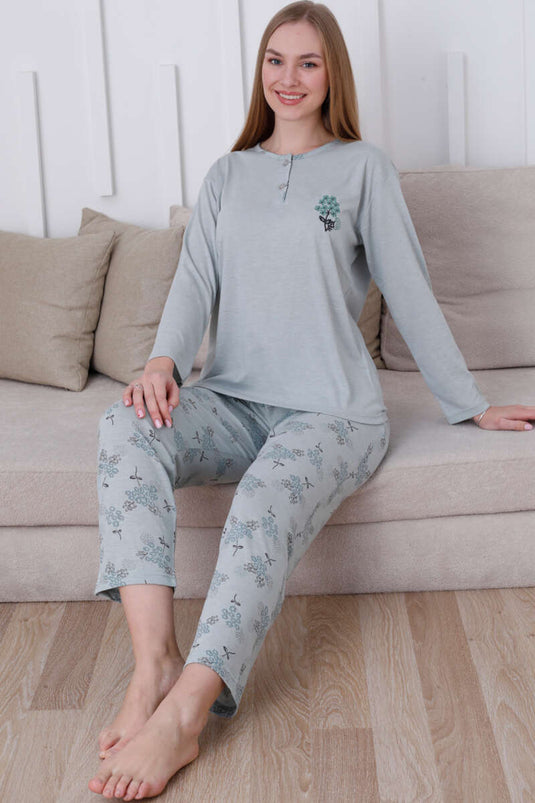 Flower-Bundled Buttoned Long Sleeve Pajama Set, Almond Green