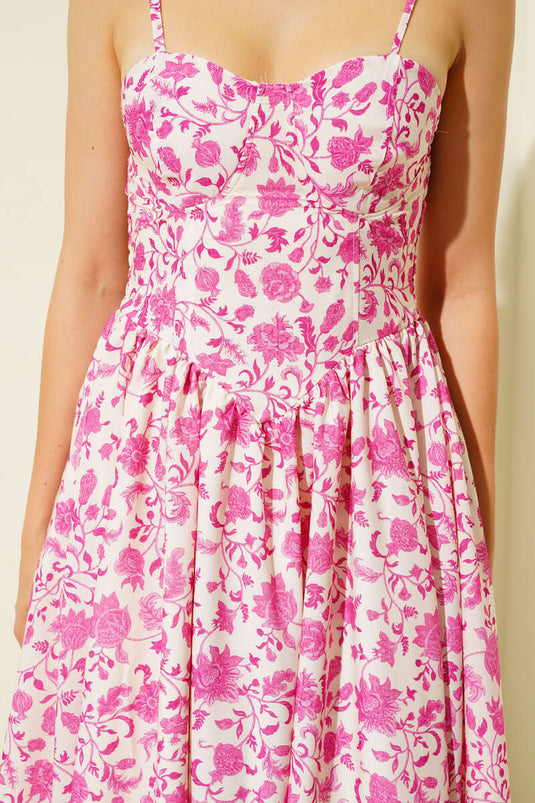 Floral Pattern Strappy Midi Dress Fuchsia