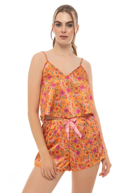Çiçek Desen Askılı Saten Pijama Takımı Oranj