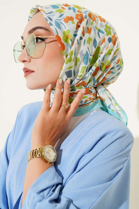 Floral Pattern Bamboo Crush Scarf Turquoise