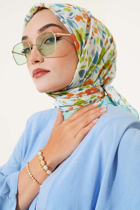 Floral Pattern Bamboo Crush Scarf Turquoise