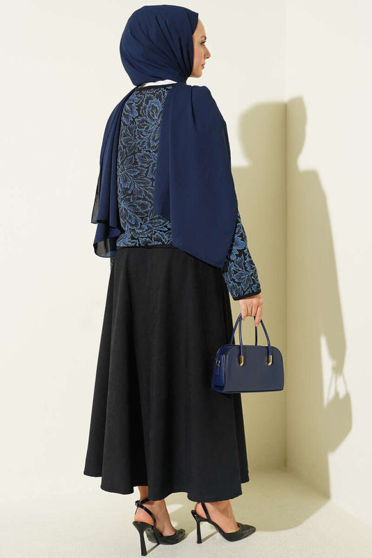 Zweiteiliger Anzug mit Blumenmuster, Jacke und Rock, Blau