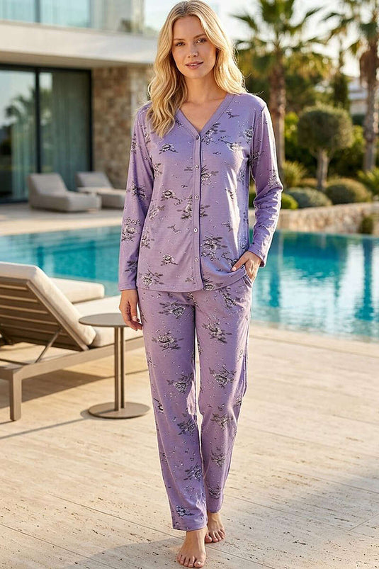 Çiçek Desen Düğmeli Uzun Kol Pijama Takım Lila
