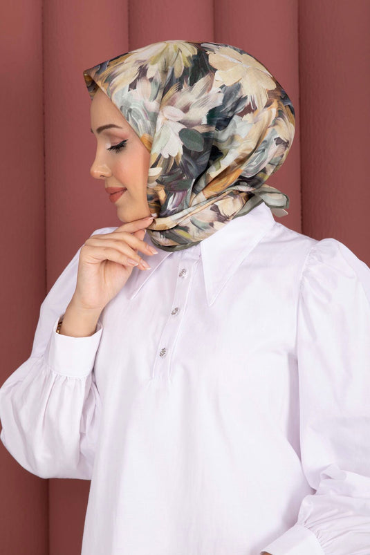 سلسلة أوشحة بنقشة الأزهار باللون الأخضر الزيتوني