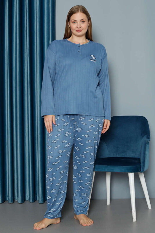 Floral Pattern Ribbed Plus Size Pajama Set Indigo