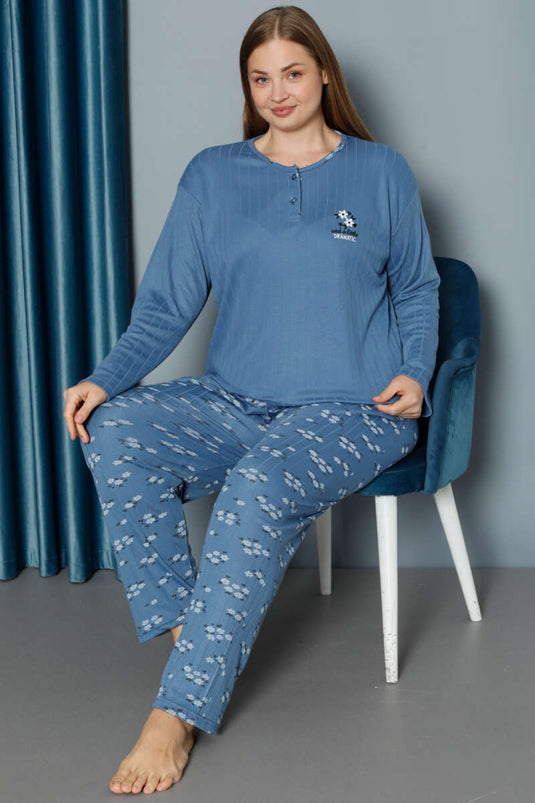 Floral Pattern Ribbed Plus Size Pajama Set Indigo