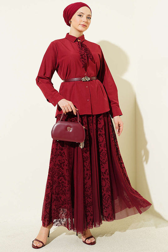 Burgundy Floral Pattern Scarf with Tulle Skirt Set
