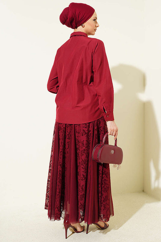 Burgundy Floral Pattern Scarf with Tulle Skirt Set