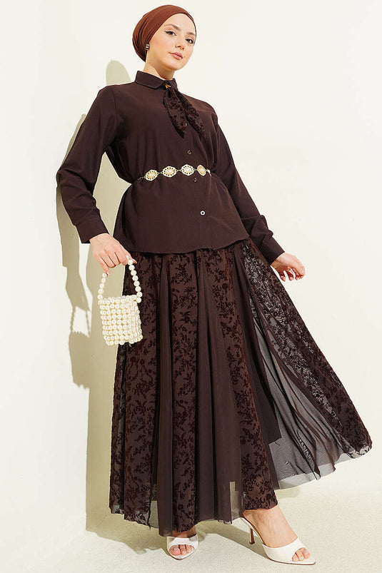 Floral Pattern Scarf with Tulle Skirt Set Brown