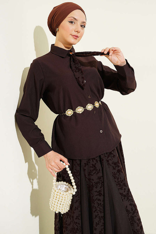Floral Pattern Scarf with Tulle Skirt Set Brown