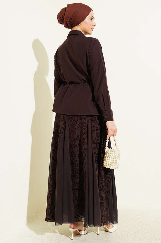 Floral Pattern Scarf with Tulle Skirt Set Brown