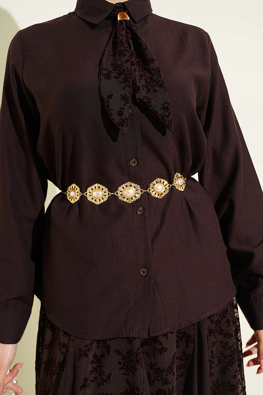 Floral Pattern Scarf with Tulle Skirt Set Brown