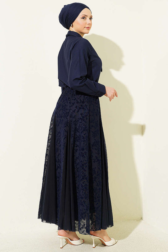 Navy Blue Set with Floral Pattern Scarf and Tulle Skirt