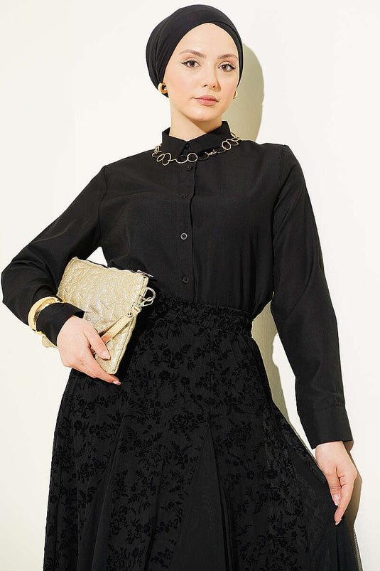 Black Set with Floral Pattern Scarf and Tulle Skirt