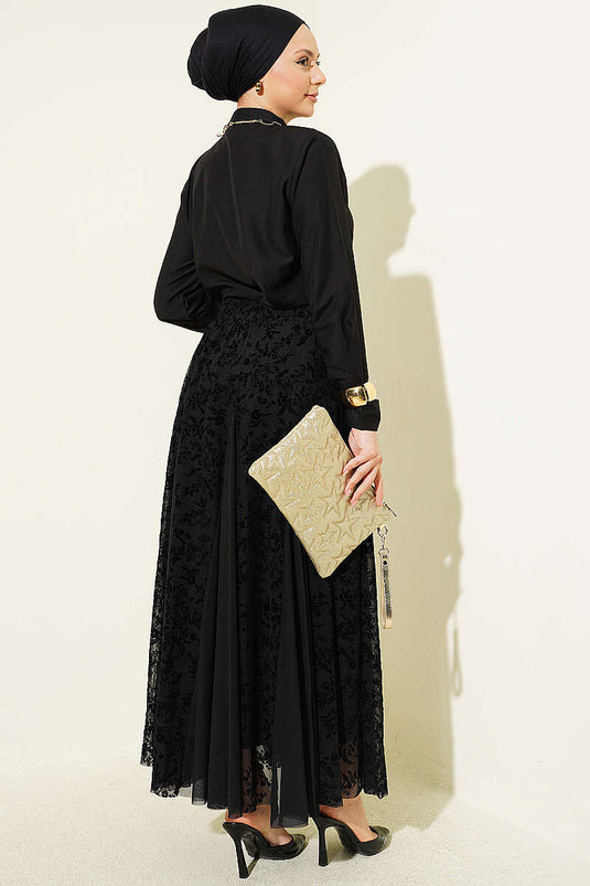 Black Set with Floral Pattern Scarf and Tulle Skirt