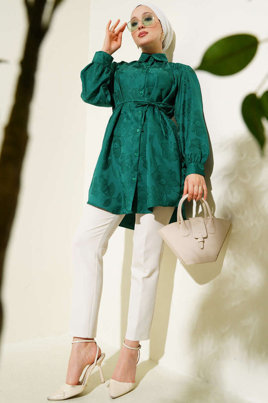 Flower Pattern Tie Waist Jacquard Shirt Green