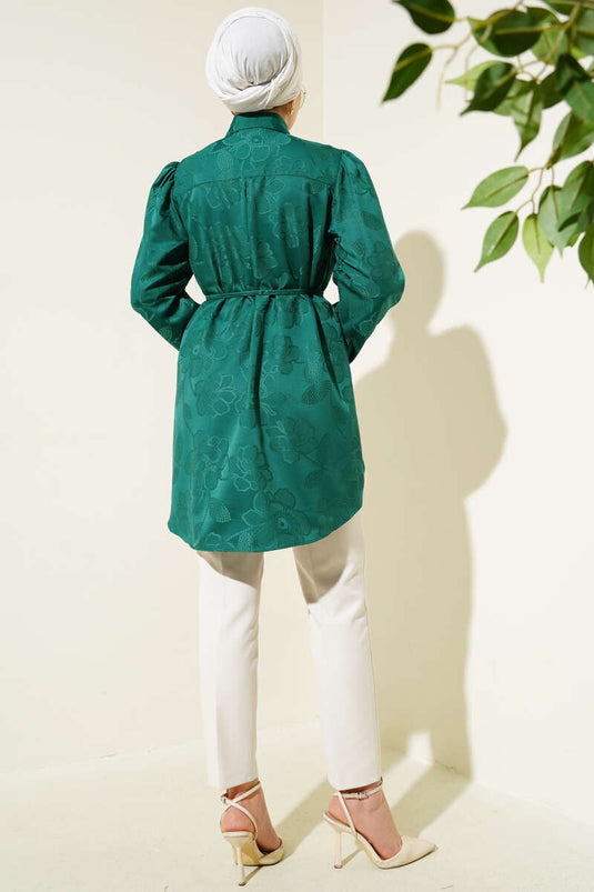 Camicia jacquard con cintura in corda e motivo floreale verde