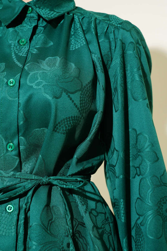 Flower Pattern Tie Waist Jacquard Shirt Green