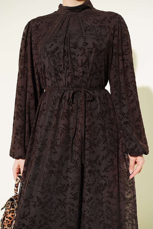 Robe en tulle à ceinture corde avec motif floral, couleur café