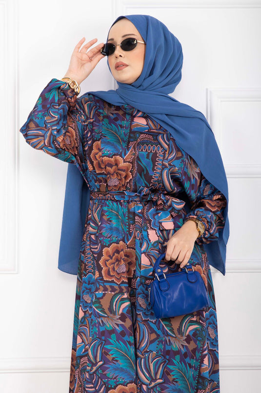 Robe voilée à ceinture motif floral indigo