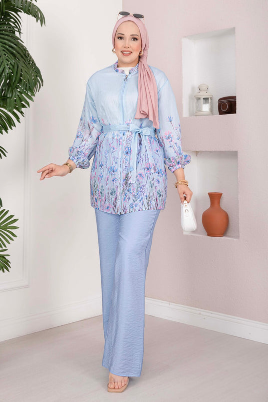 Çiçek Desen Kuşaklı Tunik Pantolon Takım Bebe Mavisi
