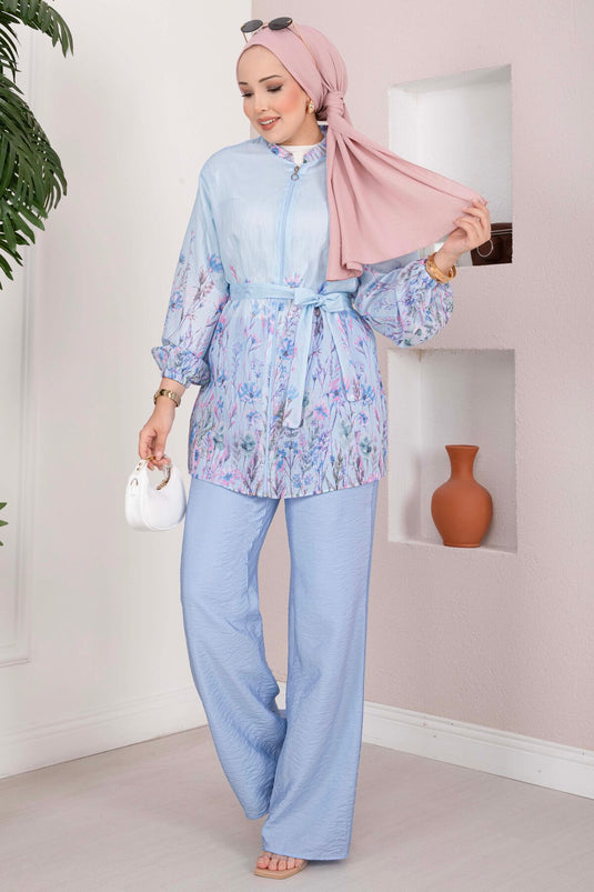 Çiçek Desen Kuşaklı Tunik Pantolon Takım Bebe Mavisi