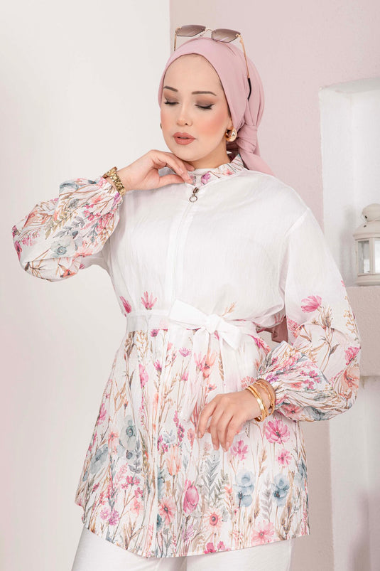 Çiçek Desen Kuşaklı Tunik Pantolon Takım Ekru