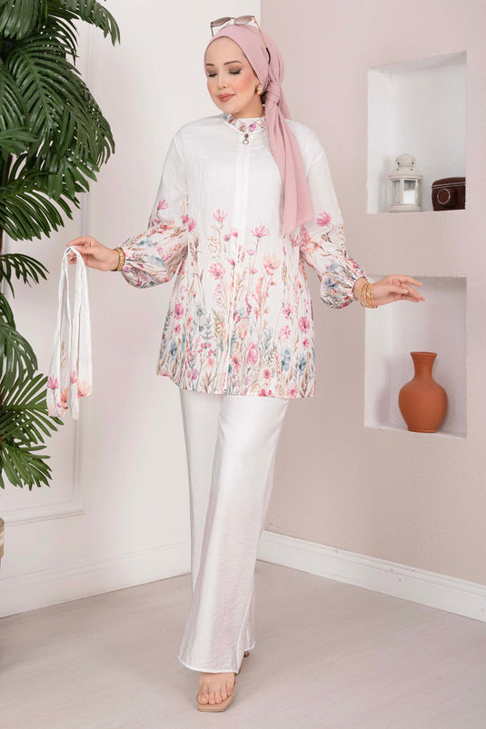 Çiçek Desen Kuşaklı Tunik Pantolon Takım Ekru