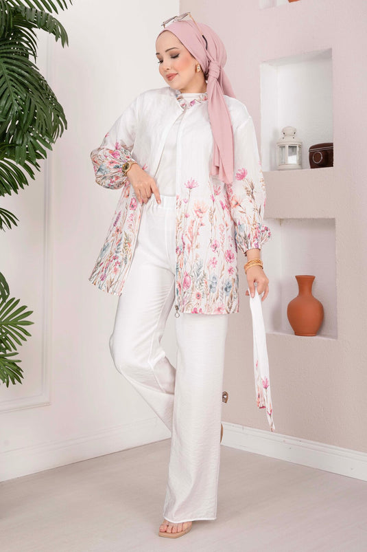 Çiçek Desen Kuşaklı Tunik Pantolon Takım Ekru