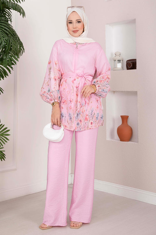 Çiçek Desen Kuşaklı Tunik Pantolon Takım Pembe