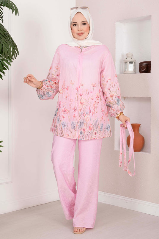 Çiçek Desen Kuşaklı Tunik Pantolon Takım Pembe