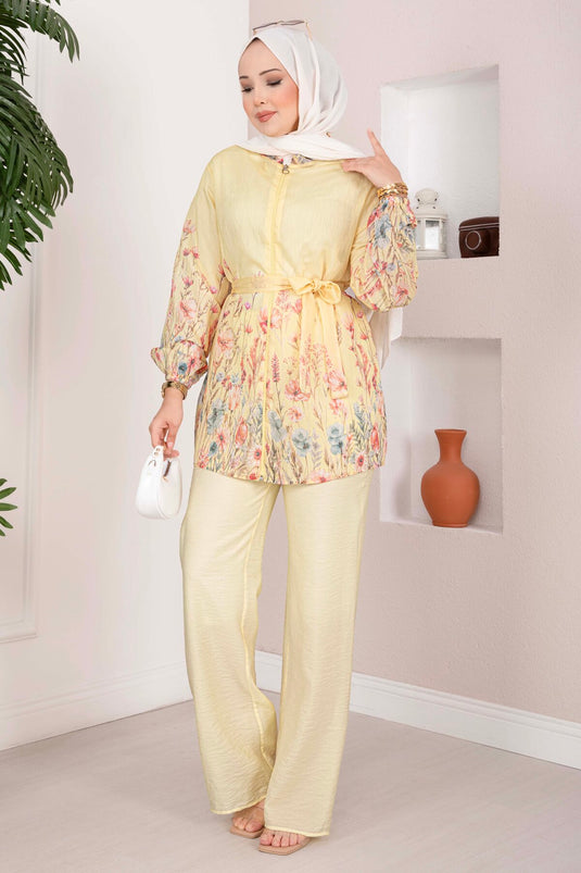 Çiçek Desen Kuşaklı Tunik Pantolon Takım Sarı