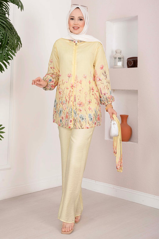 Çiçek Desen Kuşaklı Tunik Pantolon Takım Sarı