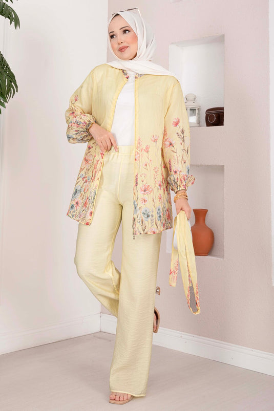 Çiçek Desen Kuşaklı Tunik Pantolon Takım Sarı