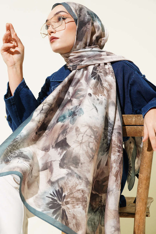 Floral Pattern Modal Scarf Grey