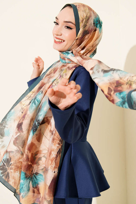 Floral Pattern Modal Scarf in Petrol Green