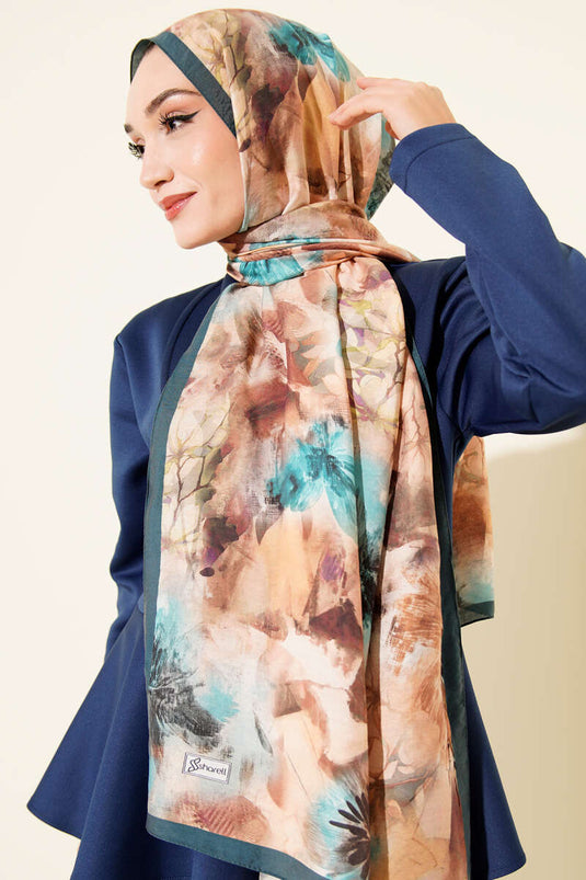 Floral Pattern Modal Scarf in Petrol Green