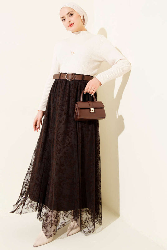 Çiçek Desen Tül Kemerli Etek Kahve