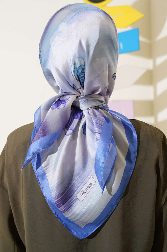 Floral Pattern Twill Scarf Blue