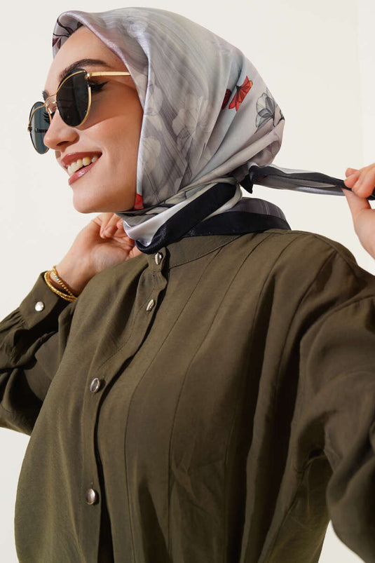 Çiçek Desen Twill Eşarp Siyah