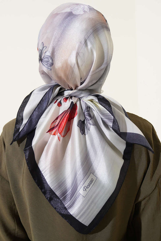 Çiçek Desen Twill Eşarp Siyah