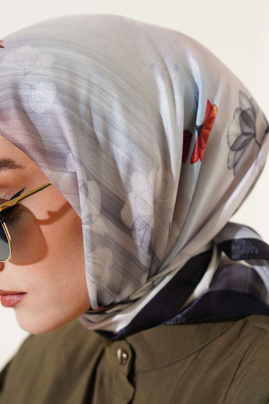 Çiçek Desen Twill Eşarp Siyah