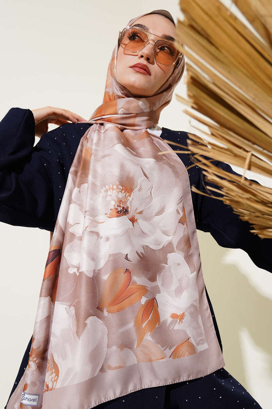 Floral Pattern Twill Scarf Sand Beige