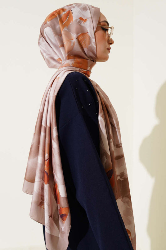 Floral Pattern Twill Scarf Sand Beige