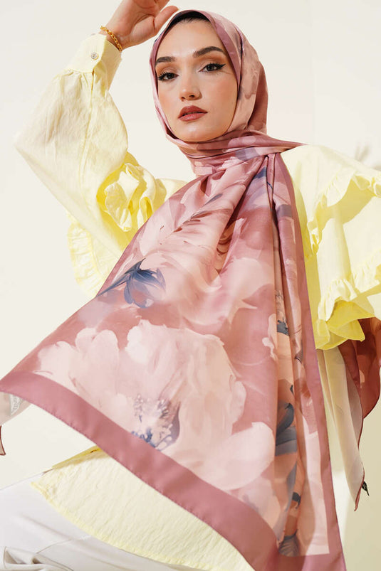 Floral Pattern Twill Scarf Soft Coffee