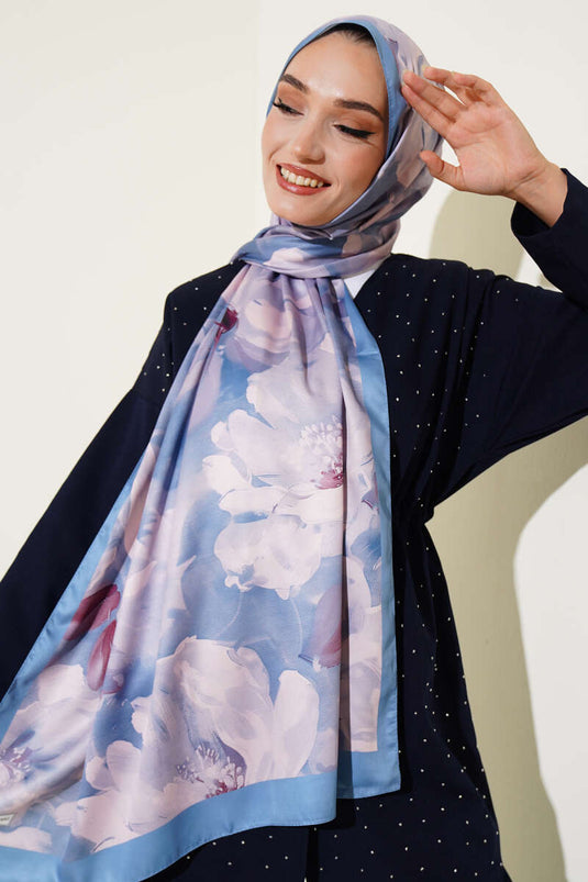 Floral Pattern Twill Scarf, Soft Blue