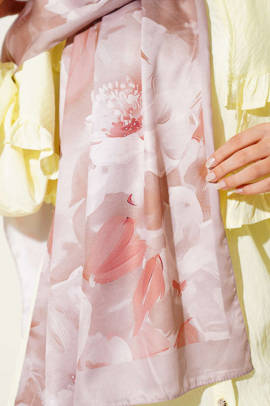 وشاح من قماش التويل بنقشة زهور، لون المنك